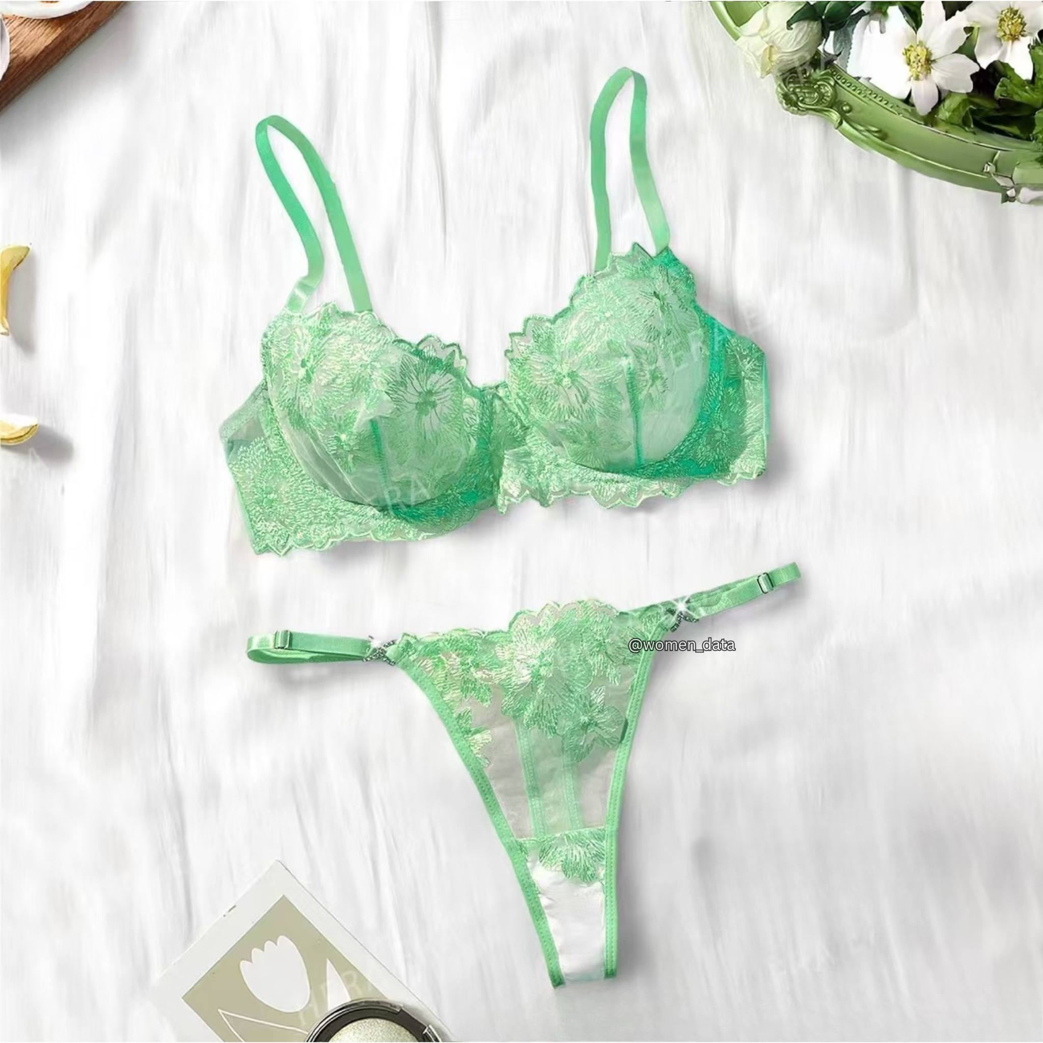 Elegant Floral Lace Sheer Underwire Lingerie Set with Adjustable Straps and Matching Panty