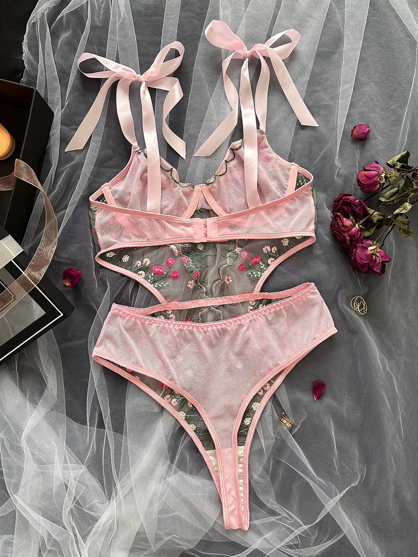 Blush Pink Floral Embroidered Net Lingerie Set