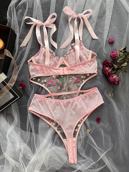 Blush Pink Floral Embroidered Net Lingerie Set