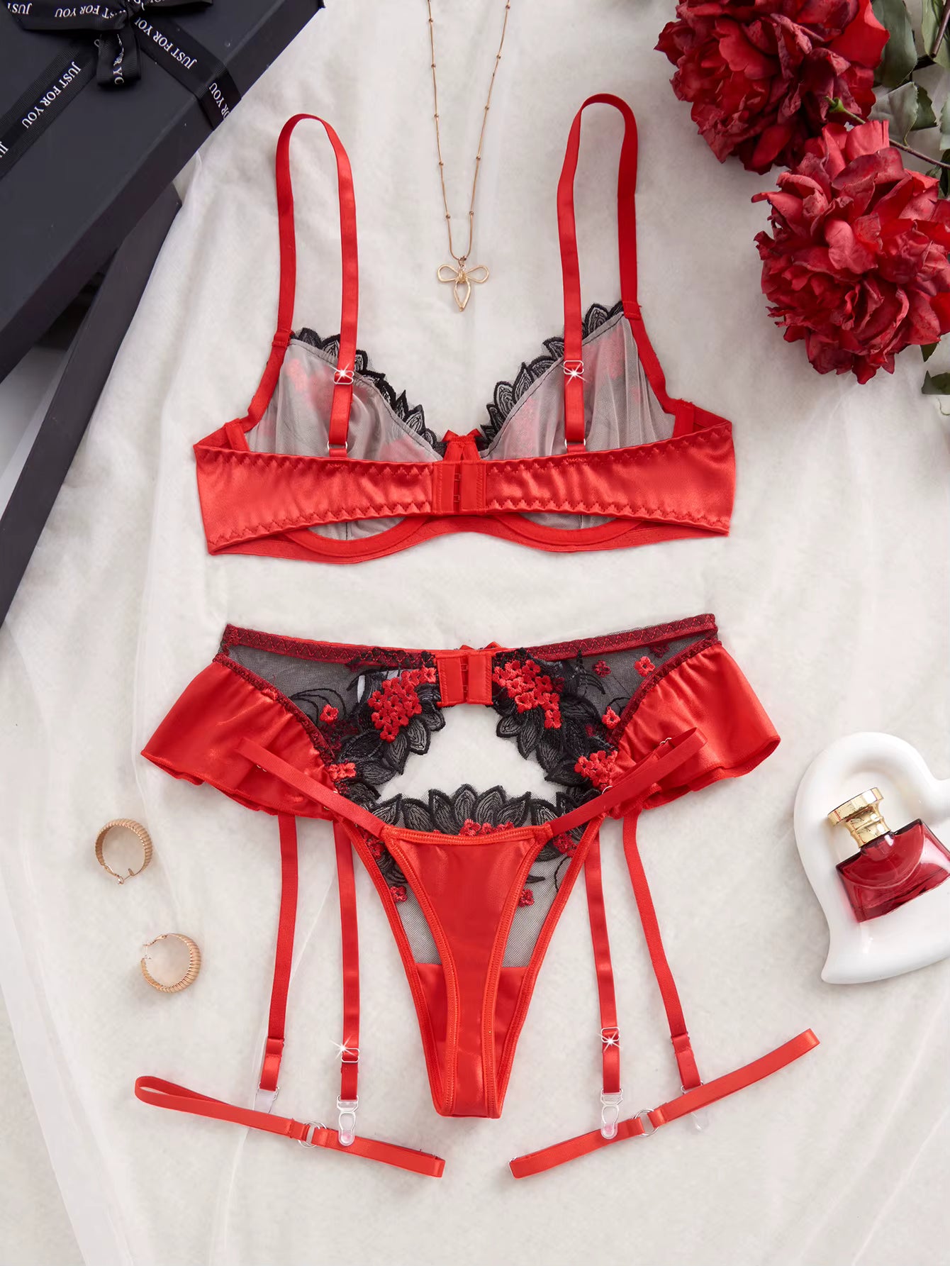Red &amp; Black Lace Strappy Bra &amp; Thong Lingerie Set