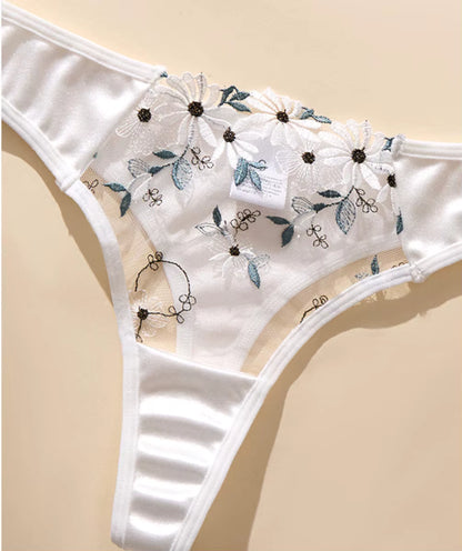 White Embroidered Mesh Bra &amp; Thong Lingerie Set