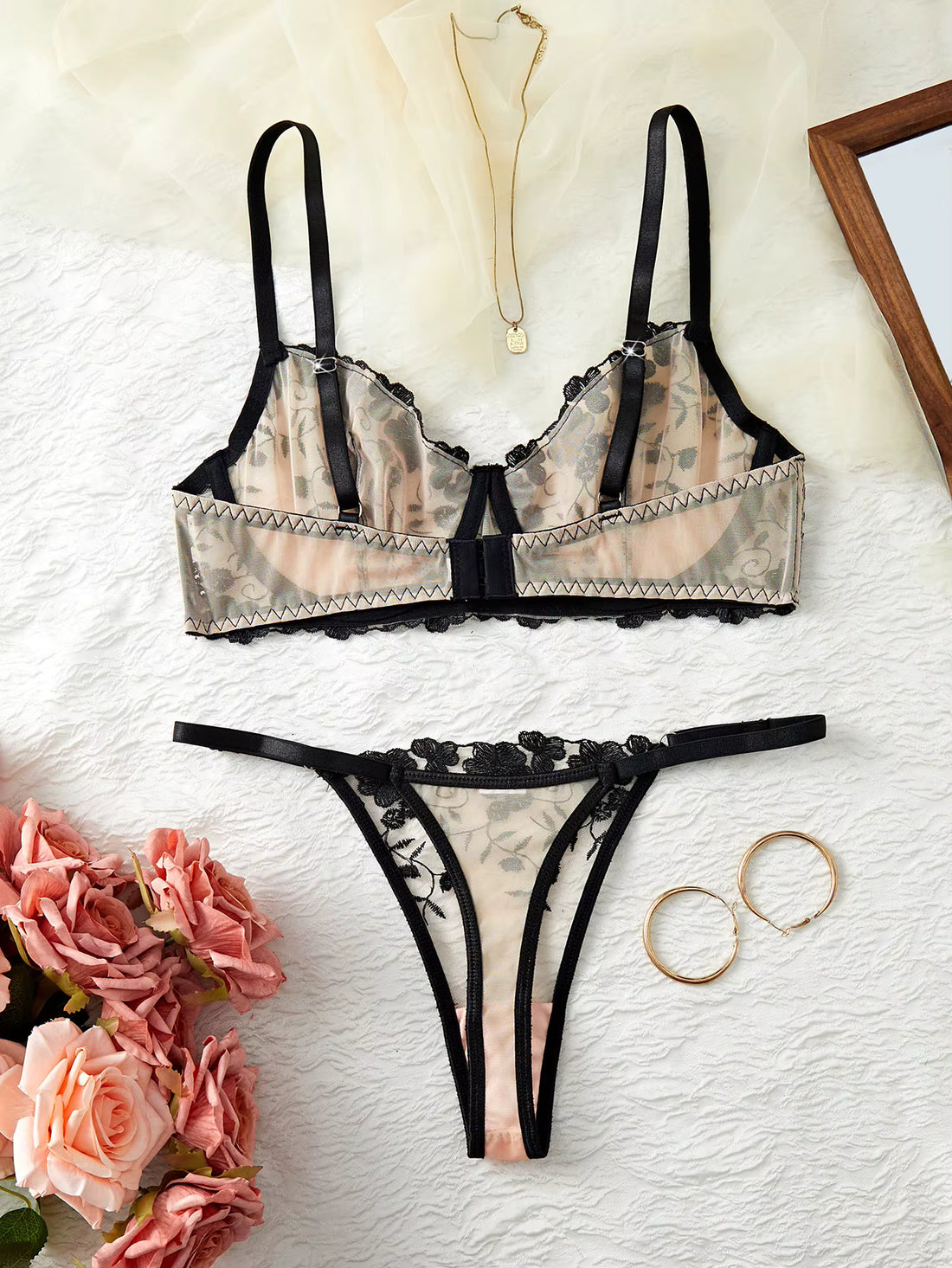 Black Embroidered Lace Bra &amp; Thong Set