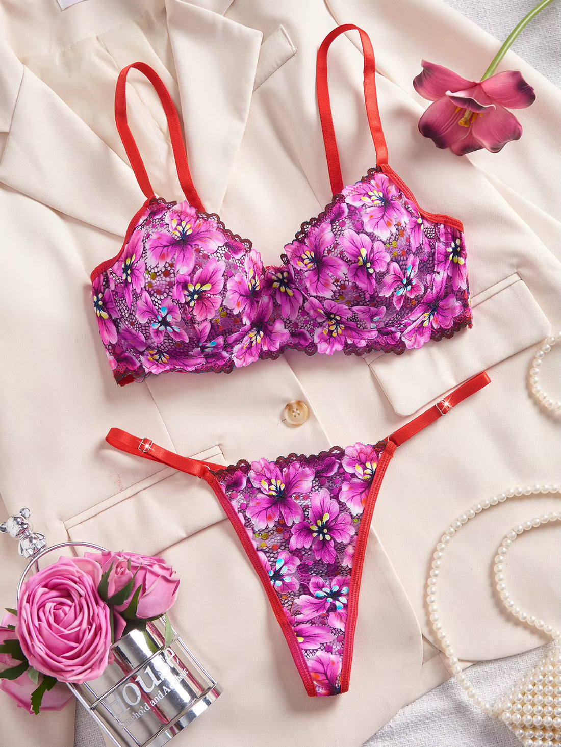 Pink Floral Lace Bra &amp; Thong Lingerie Set