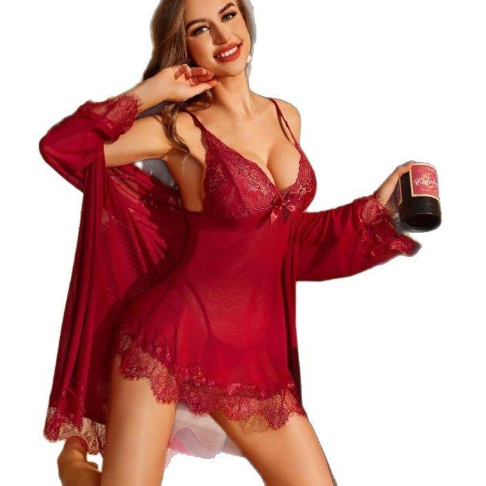 Wine Lace Chemise Nightdress with Matching Robe