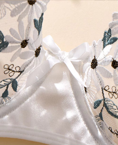 White Embroidered Mesh Bra &amp; Thong Lingerie Set