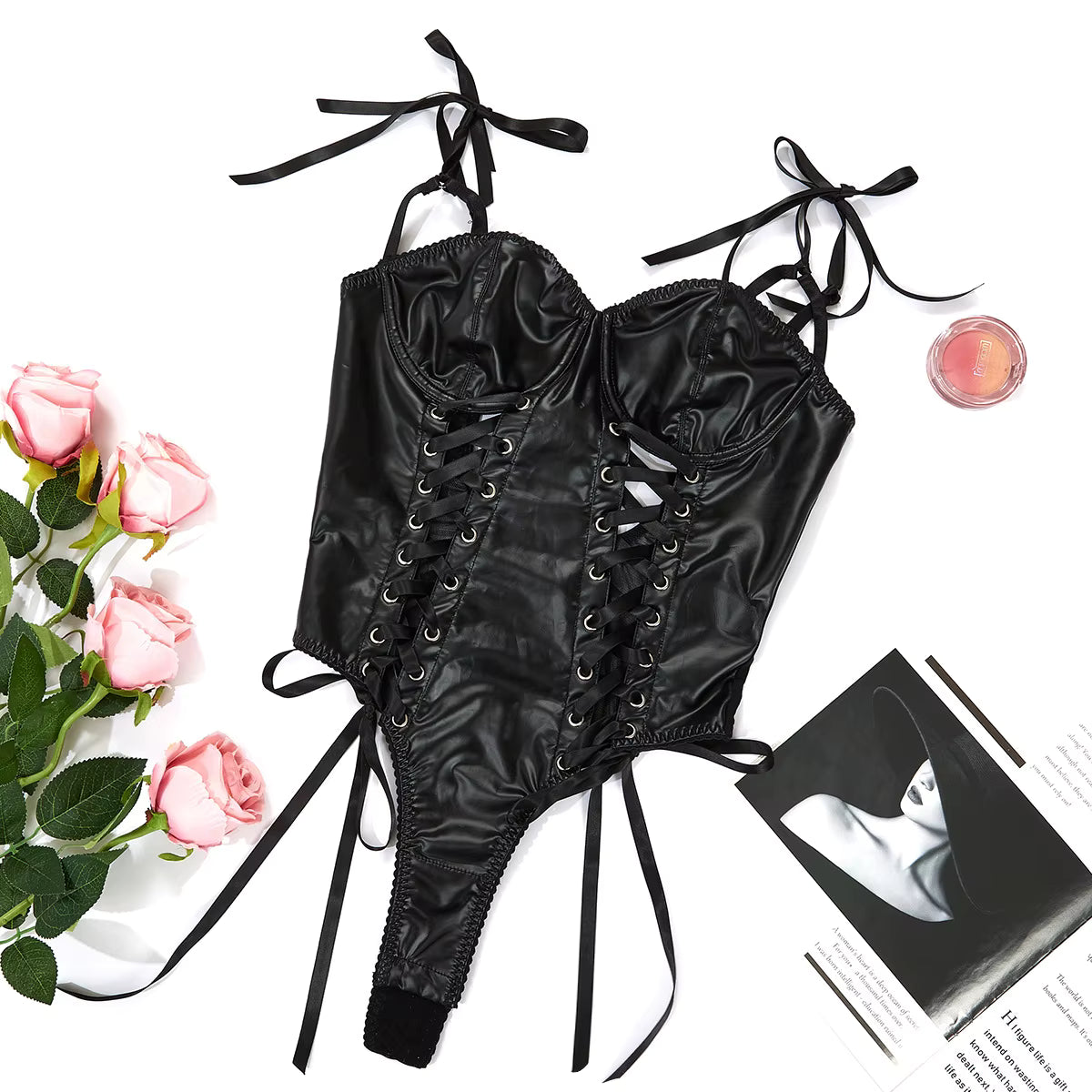 Faux Leather Strap One-Piece Hollow Out Tied Swimsuit Lingerie