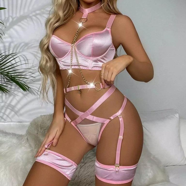 Pink Satin Harness Lingerie Set with Garters