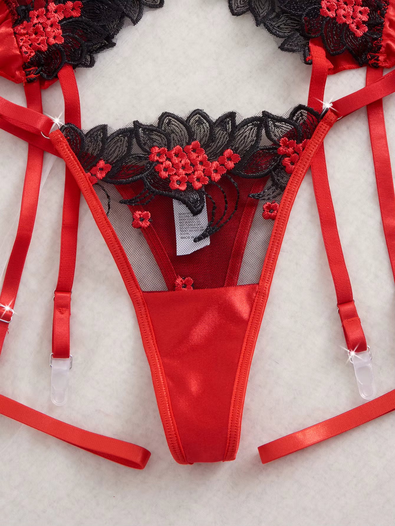 Red &amp; Black Lace Strappy Bra &amp; Thong Lingerie Set