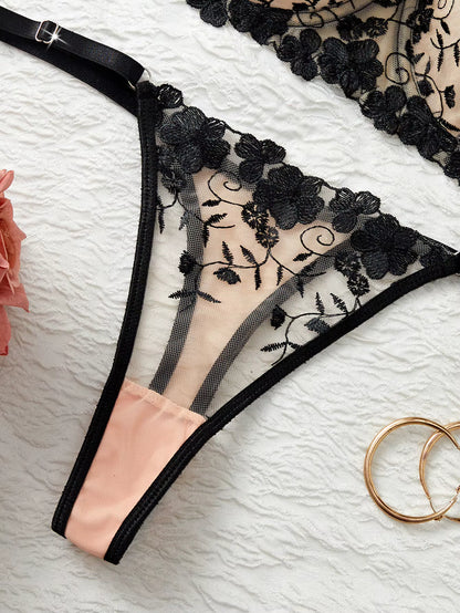 Black Embroidered Lace Bra &amp; Thong Set