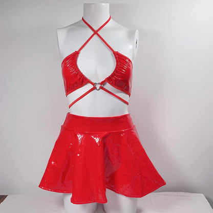 Lingerie Sexy Red PU Leather Skirt Play Bra Suit Lingerie