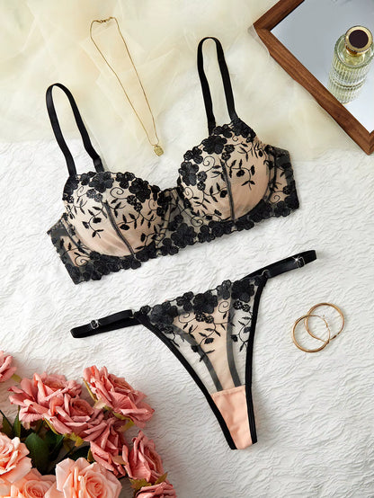 Black Embroidered Lace Bra &amp; Thong Set