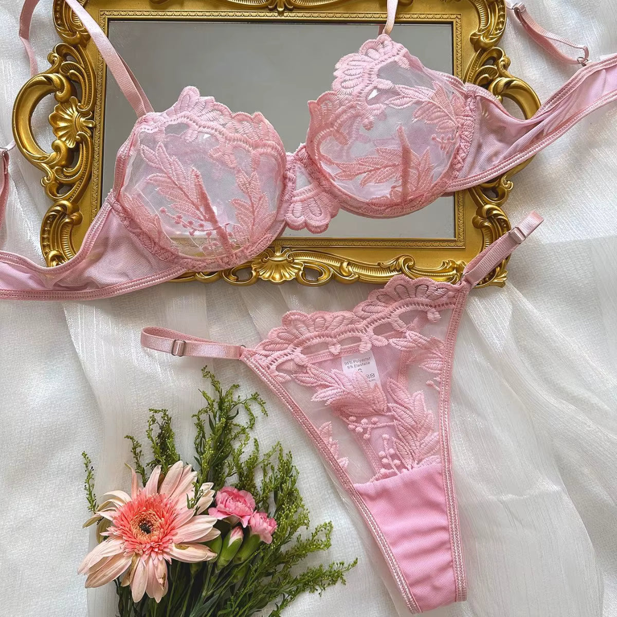 Blush Romance Pink Embroidered Lace Bra &amp; Thong Set