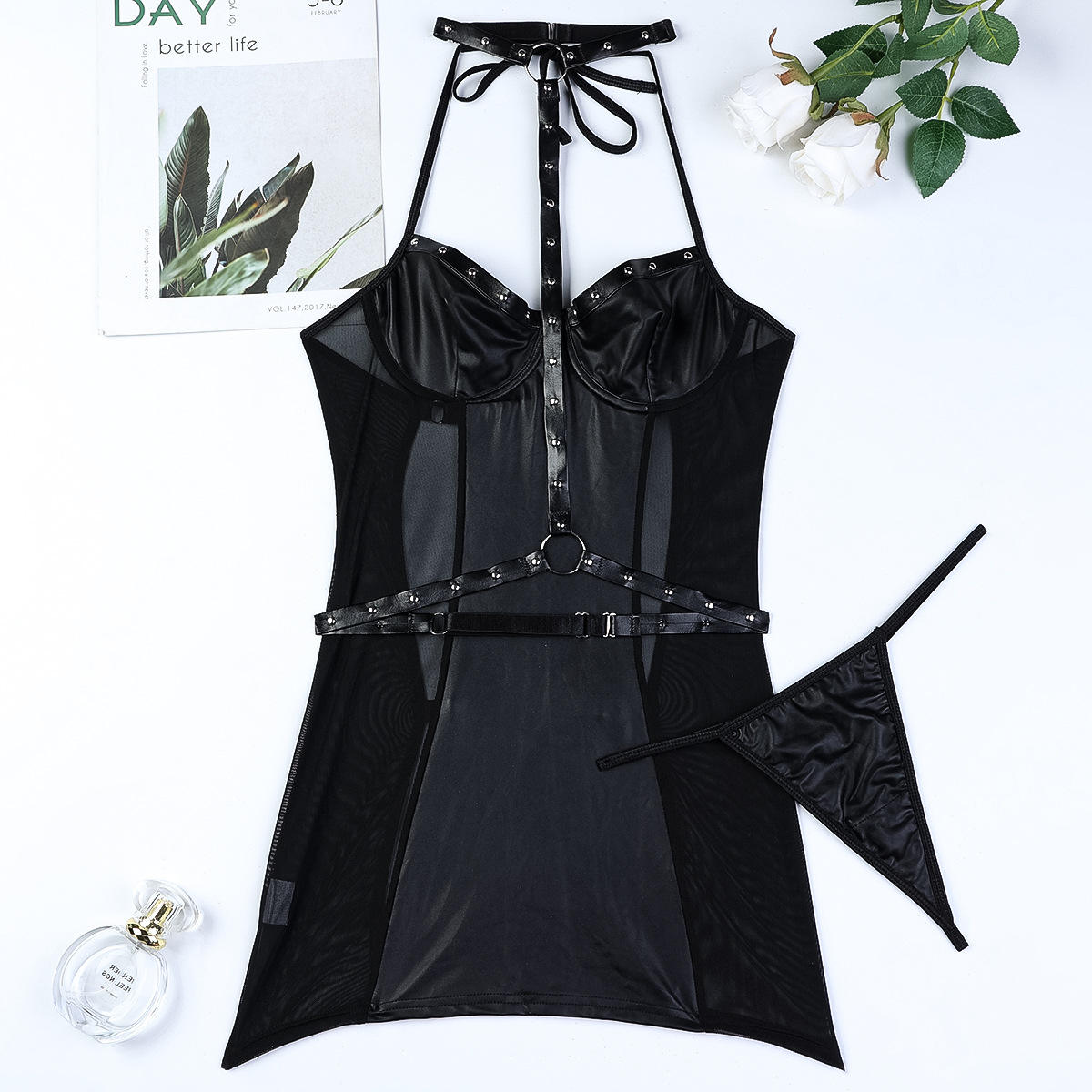 Black Elastic Soft Leather Lingerie