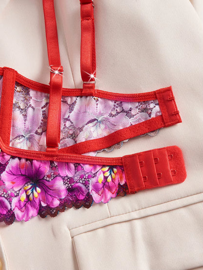 Pink Floral Lace Bra &amp; Thong Lingerie Set