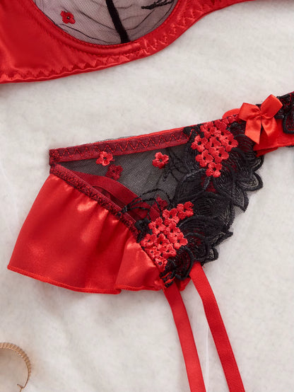 Red &amp; Black Lace Strappy Bra &amp; Thong Lingerie Set