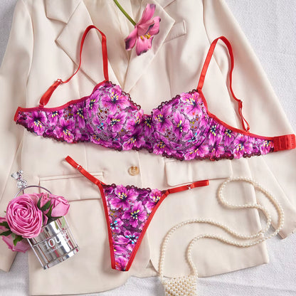 Pink Floral Lace Bra &amp; Thong Lingerie Set