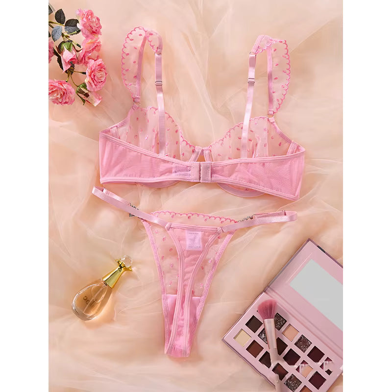 Lace Strappy Underwire Panty Set French Style 2-Piece Women&