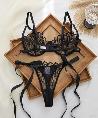 Midnight Bloom Black Lace Bra &amp; Thong Set