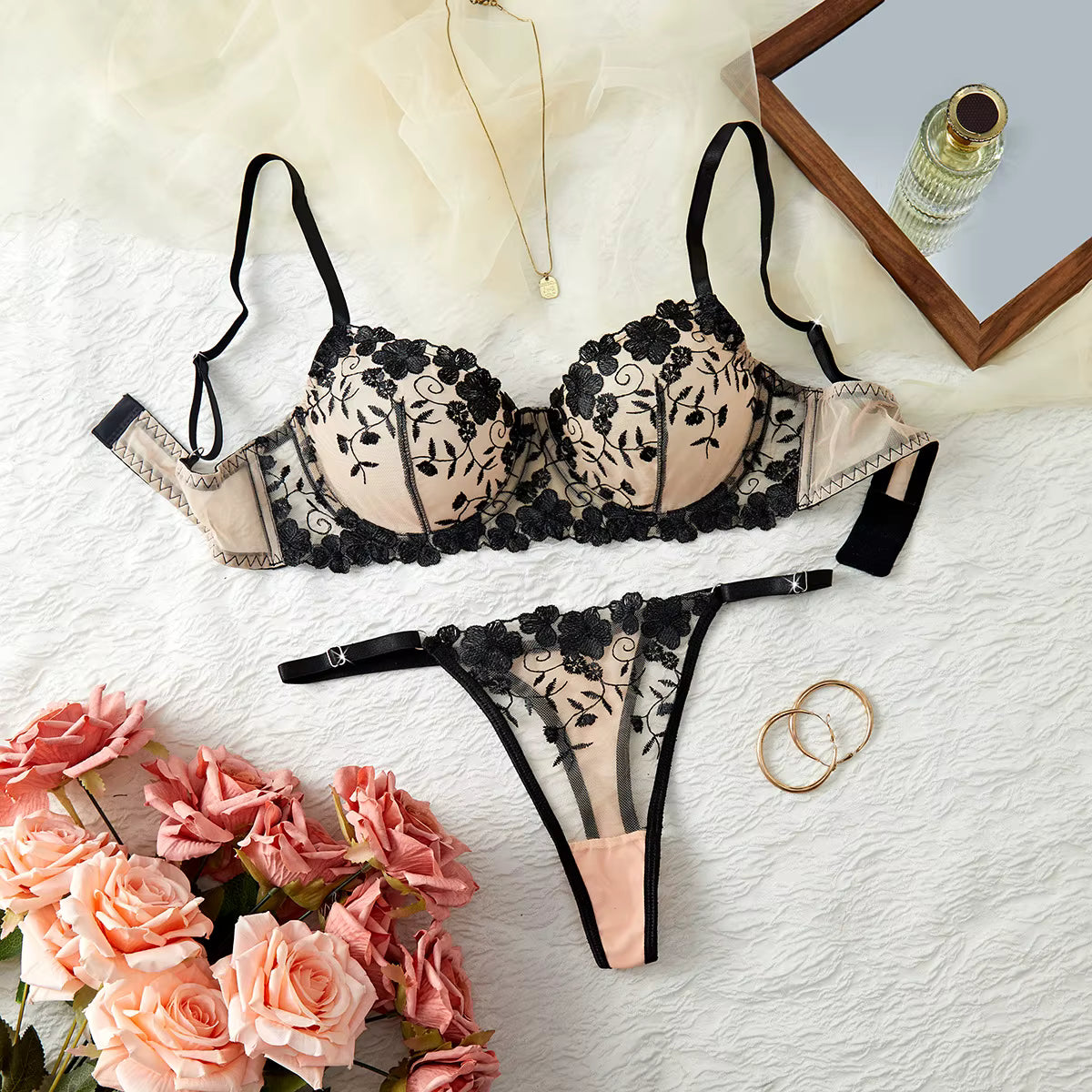 Black Embroidered Lace Bra &amp; Thong Set
