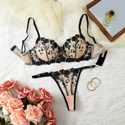 Black Embroidered Lace Bra &amp; Thong Set
