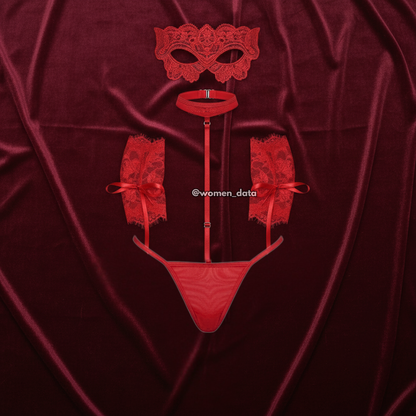 Red Lace Strappy Erotic Lingerie Set – Choker, Cuffs &amp; G-String for Women 