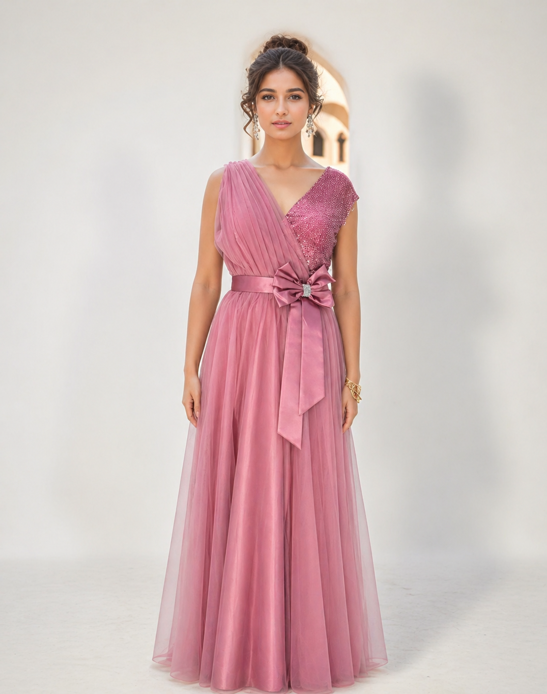 Layered Net and tulle base women gown Dress 