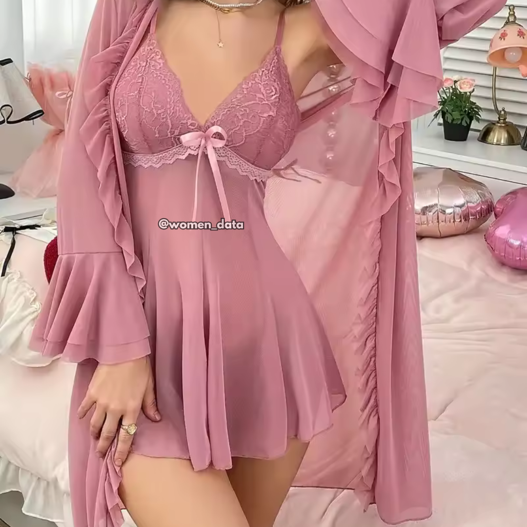 Dusty Pink Lace Babydoll Nightdress with Sheer Robe