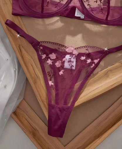 Velvet Wine Floral Embroidered Bra &amp; Panty Set