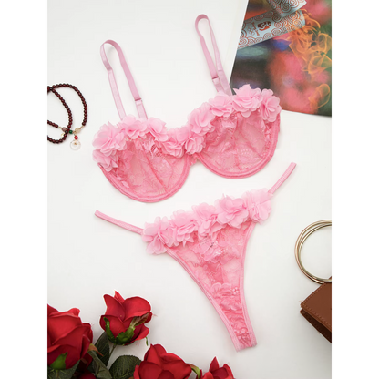 Pink Floral Lace Bra &amp; Thong Lingerie Set
