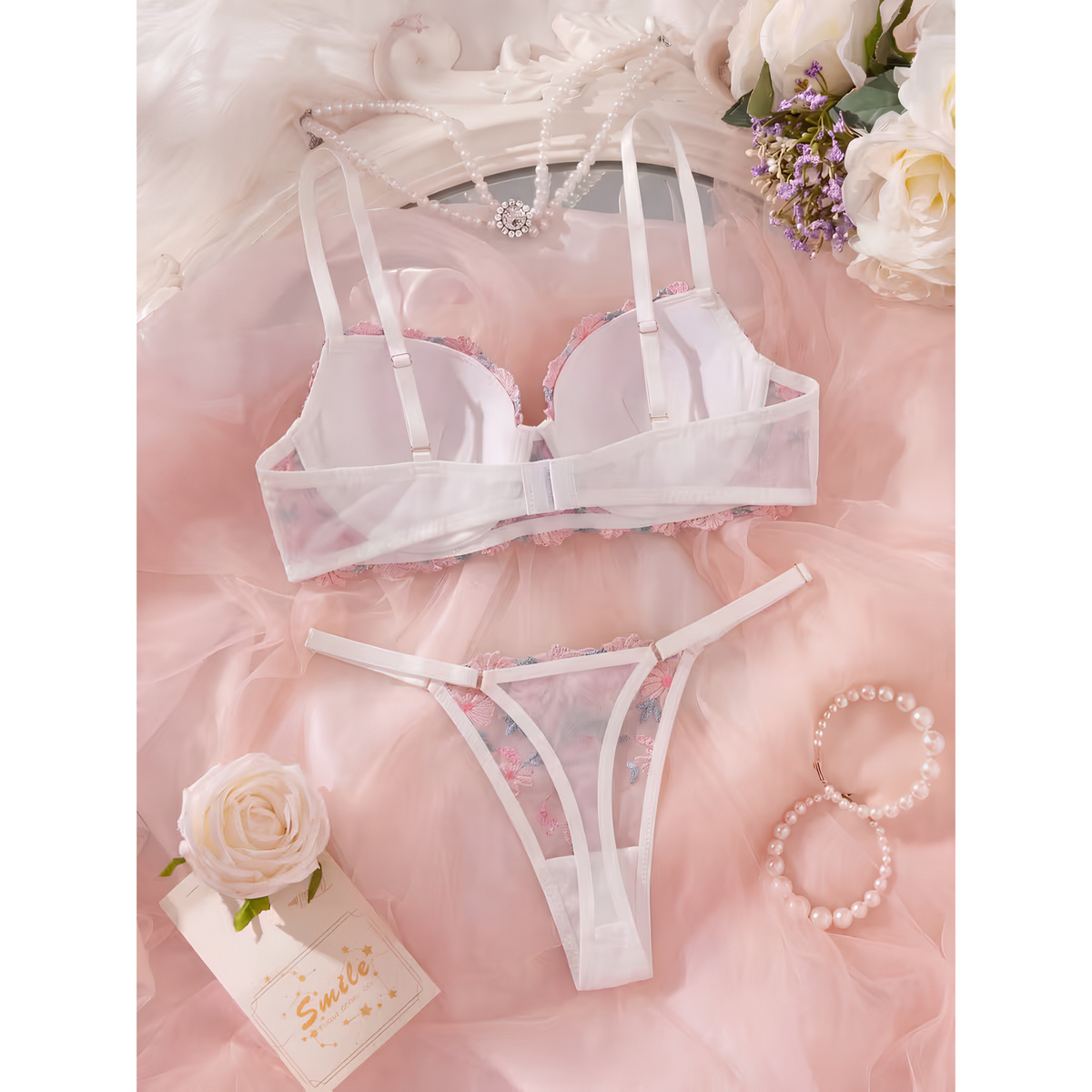 Light Padded Floral Embroidered Lace Bra &amp; Thong Set