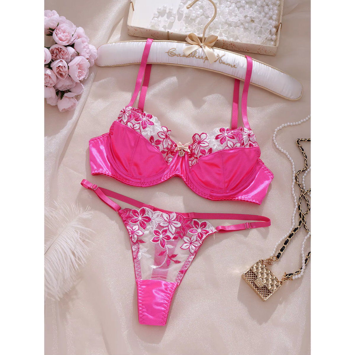Floral Embroidered Lace Bra &amp; Thong Set