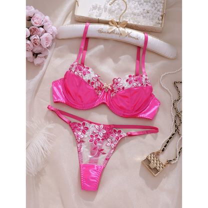 Floral Embroidered Lace Bra &amp; Thong Set