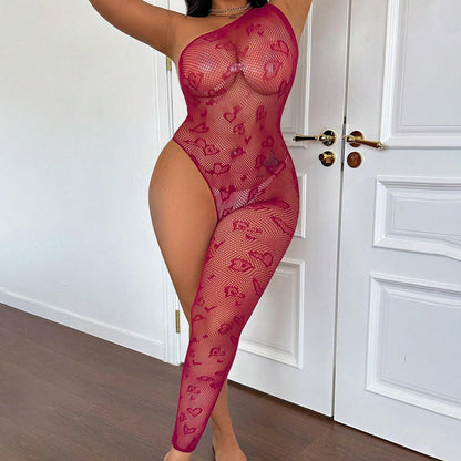 Women’s Floral Mesh Bodysuit with One-Shoulder Design