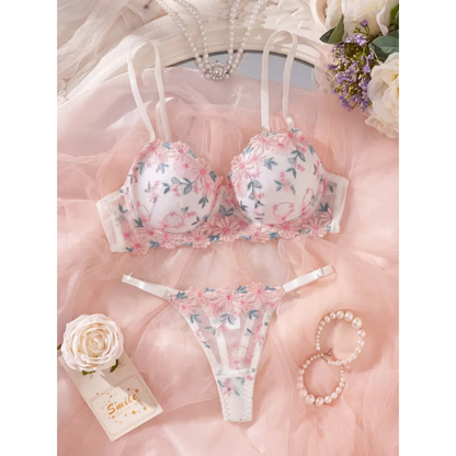 Light Padded Floral Embroidered Lace Bra &amp; Thong Set