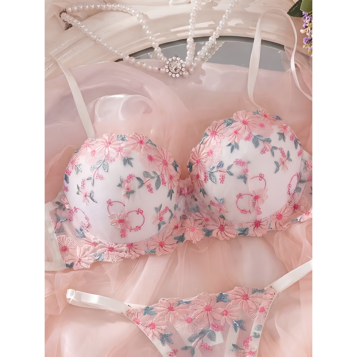 Light Padded Floral Embroidered Lace Bra &amp; Thong Set
