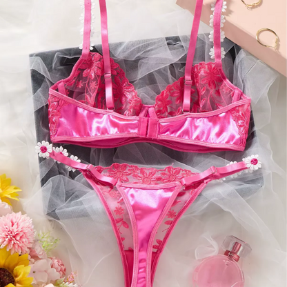 Floral Embroidered Lace Bra &amp; Thong Set