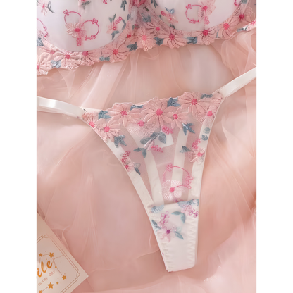 Light Padded Floral Embroidered Lace Bra &amp; Thong Set