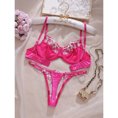Floral Embroidered Lace Bra &amp; Thong Set