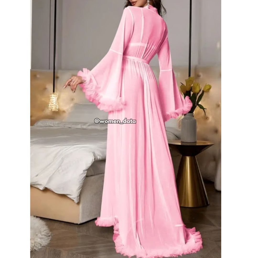 Pink Sheer Mesh Long Robe Lingerie with Belted Waist