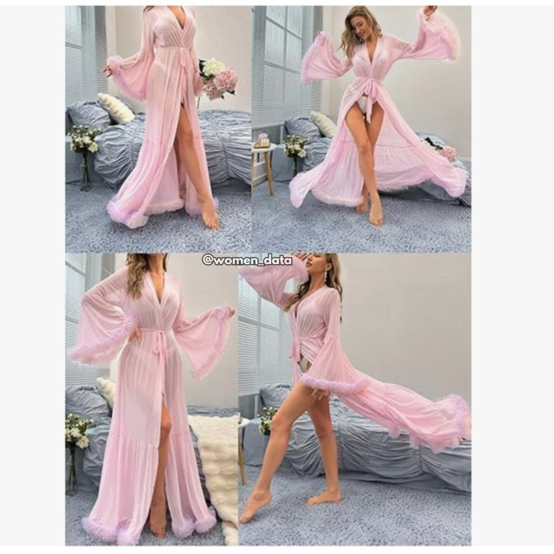 Pink Sheer Mesh Long Robe Lingerie with Belted Waist