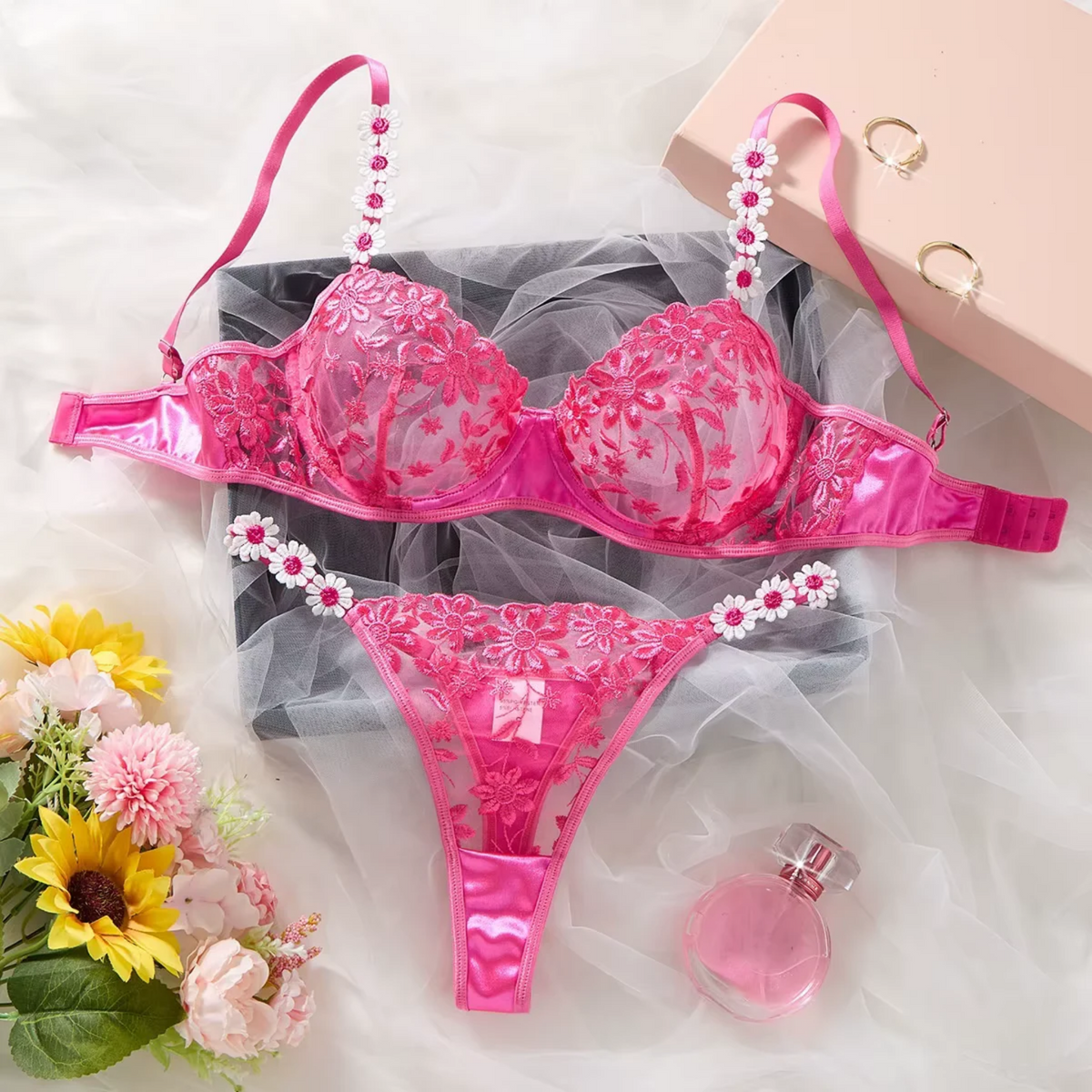 Floral Embroidered Lace Bra &amp; Thong Set