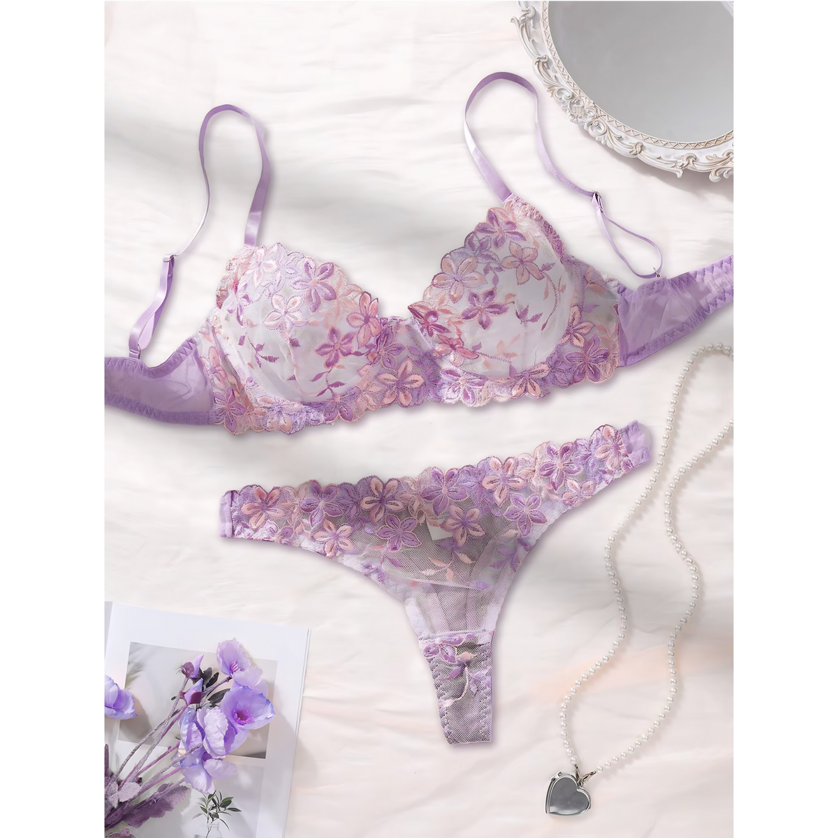 Floral Lace Underwire Bra &amp; Thong Set