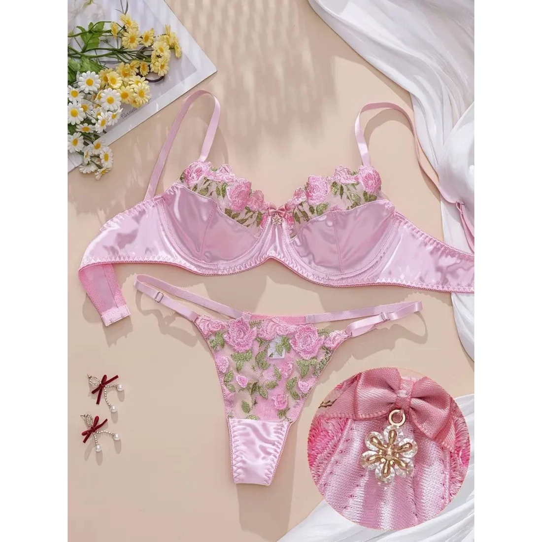 Floral Embroidered Lace Bra &amp; Thong Set