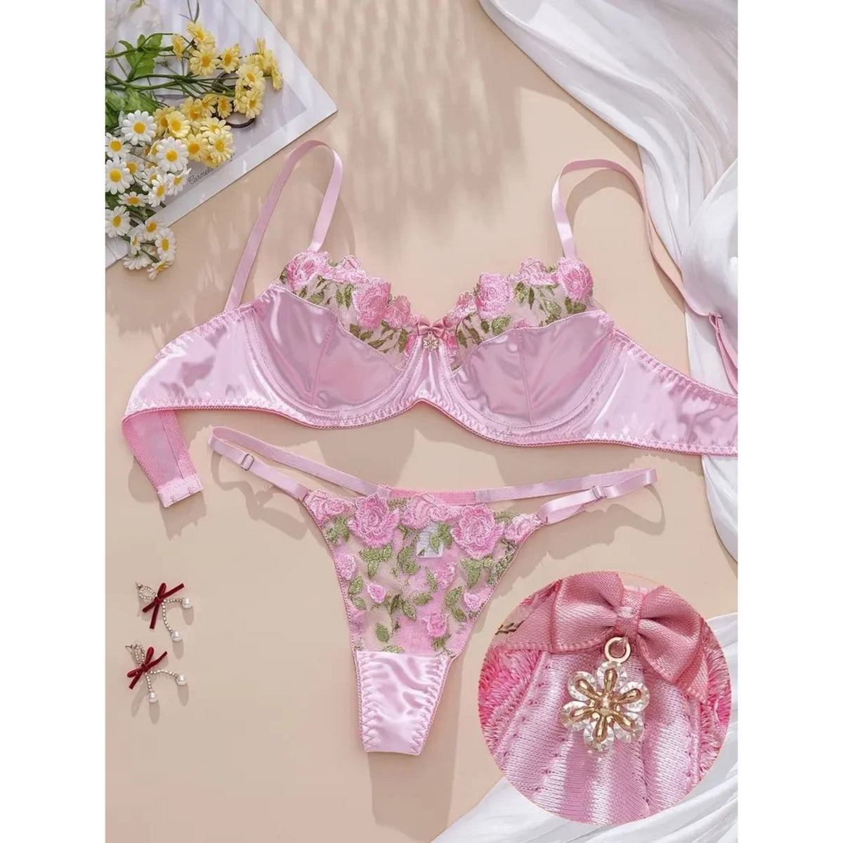 Floral Embroidered Lace Bra &amp; Thong Set