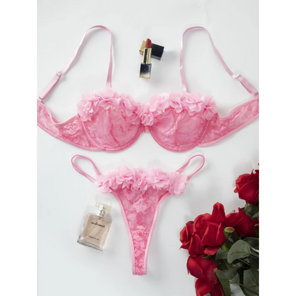 Pink Floral Lace Bra &amp; Thong Lingerie Set