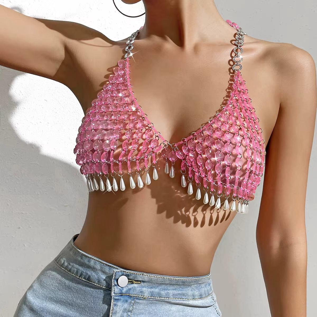 Pink Sequin Mirror Body Chain Bra Top
