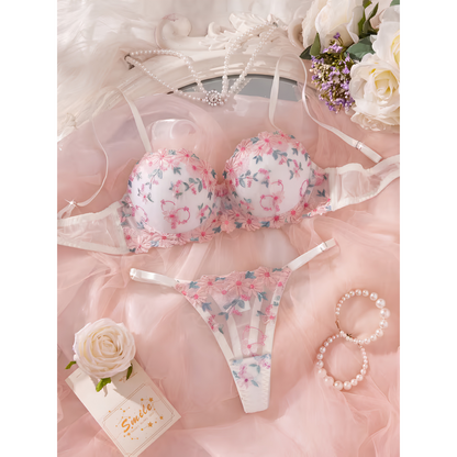 Light Padded Floral Embroidered Lace Bra &amp; Thong Set