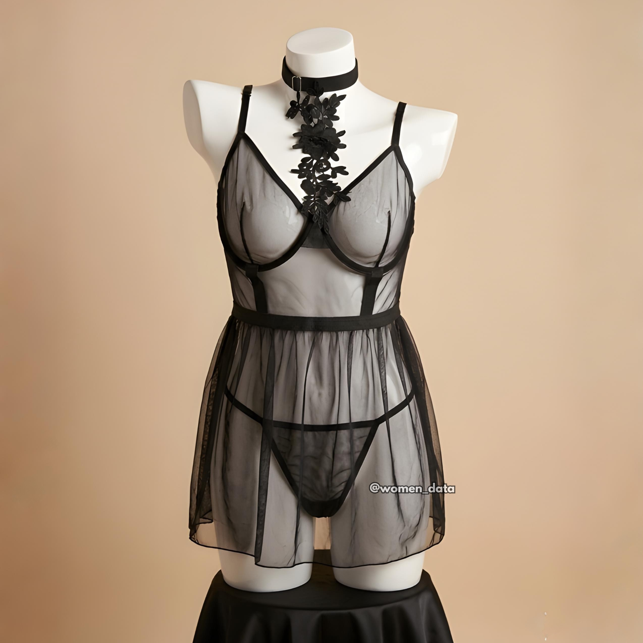 Black Mesh Babydoll Lingerie Set with Floral Choker