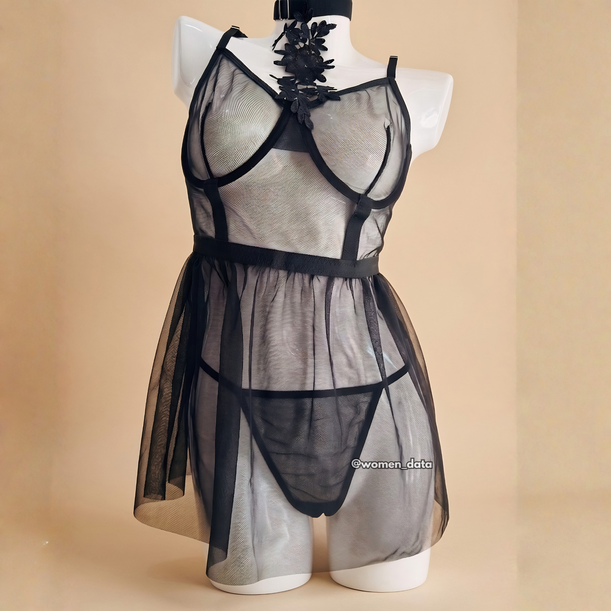 Black Mesh Babydoll Lingerie Set with Floral Choker