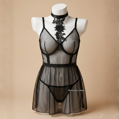 Black Mesh Babydoll Lingerie Set with Floral Choker